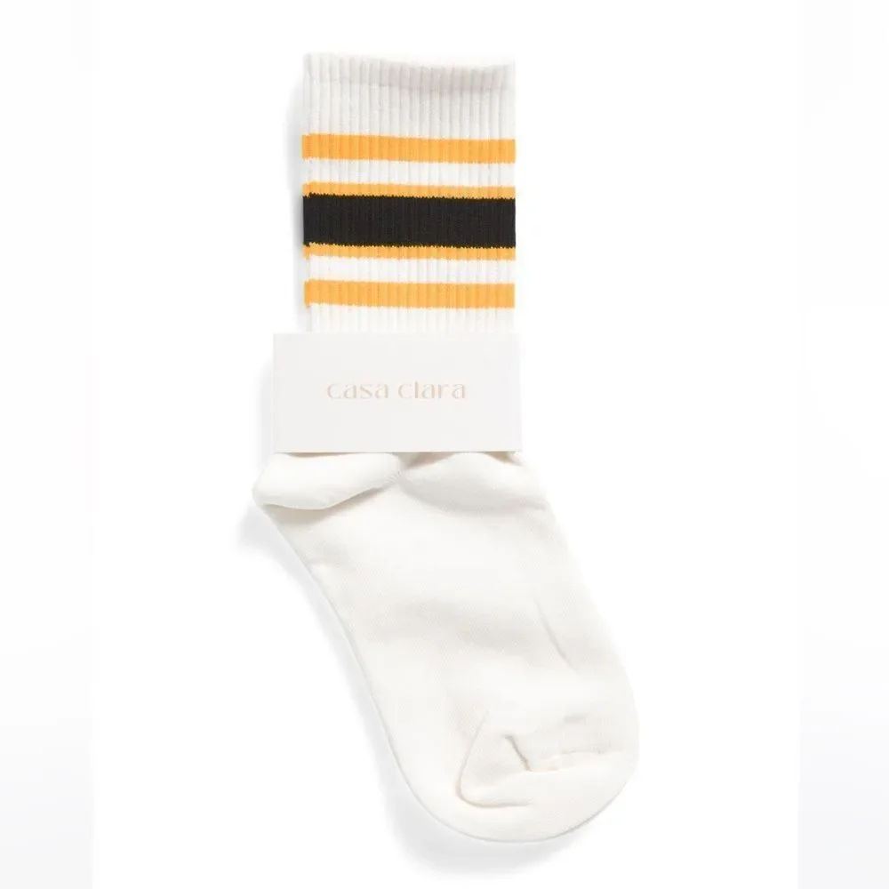 casa clara Rugby White Gold Black Ribbed Varsity Stripe Cotton Crew Socks